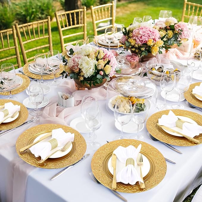 Uiifan Antique Charger Plates Bulk 13'' Plastic Embossed Dinner Plate Chargers Round Floral Plates for Wedding Decorative Chargers for Table Dinner Kitchen Party Decoration(Gold, 24 Pcs)