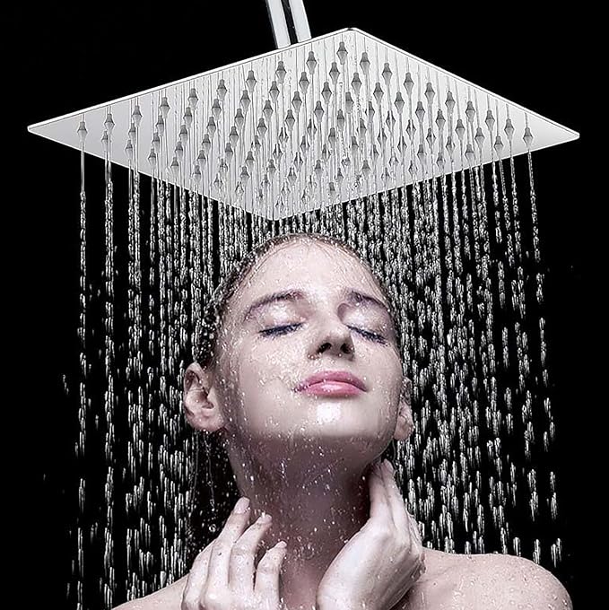Stainless Steel Silicone Nozzle Shower Head, Adjustable Angle Square High-Pressure Rainfall Showerhead Replacement, 8 Inches