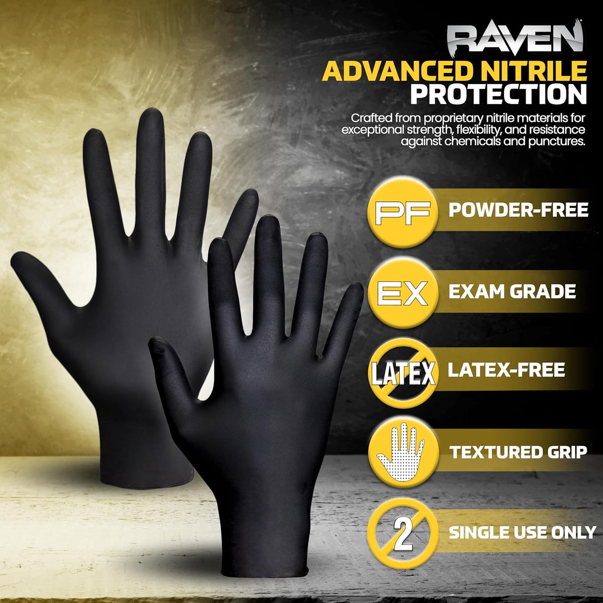 Raven Powder Free Nitrile Disposable Gloves 7 Mil - XL Latex Free, Chemical + Puncture Resistant, Textured Grip, Single Use for Automotive, Industrial, Janitorial, MRO, Food Service 66519