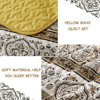 WONGS BEDDING Yellow Orange Bohemian King Quilt, Boho Quilt King Size, Lightweight Microfiber Bed Decor Bedspread for All Season 103"x90"(3 Pieces)