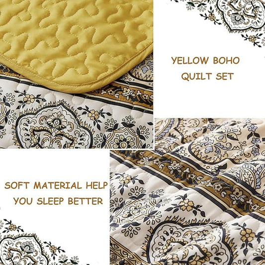 WONGS BEDDING Yellow Orange Bohemian King Quilt, Boho Quilt King Size, Lightweight Microfiber Bed Decor Bedspread for All Season 103"x90"(3 Pieces)