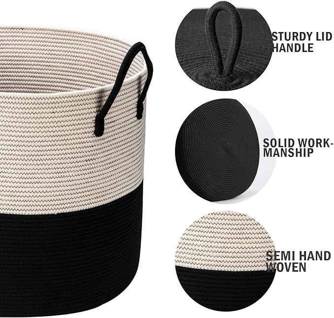 21 x 18 Inch Extra Large Storage Baskets Rope Baskets with Lid Living Room Blanket Basket with Lid Bedroom Baskets Large Round Black Color 115L