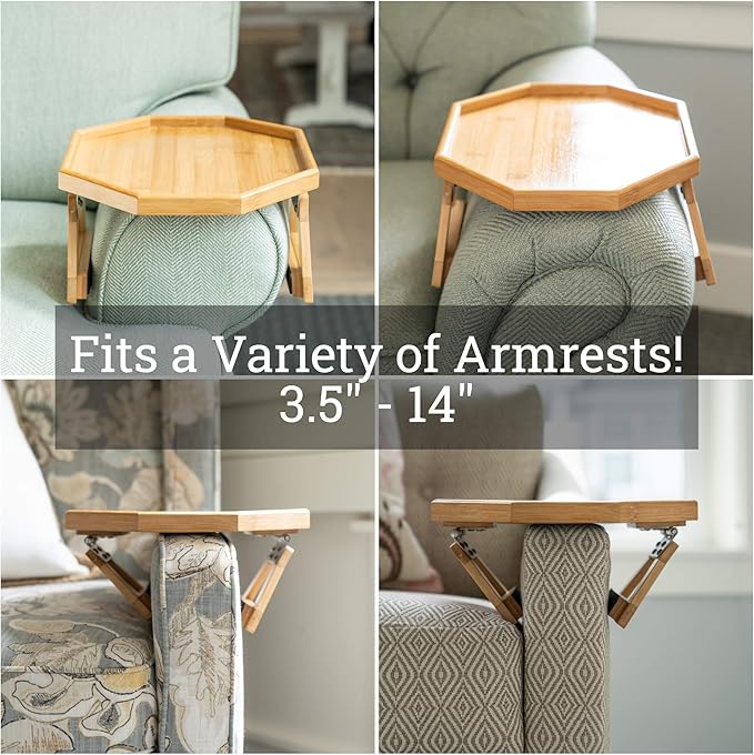 Shamrock Home Bamboo Couch Arm Table, Clip On Tray Sofa Table for Couches. Sofa Arm Tray for TV Dinners, Remotes, Drinks and Snacks, and Small Spaces - 13x10.8in, Beige