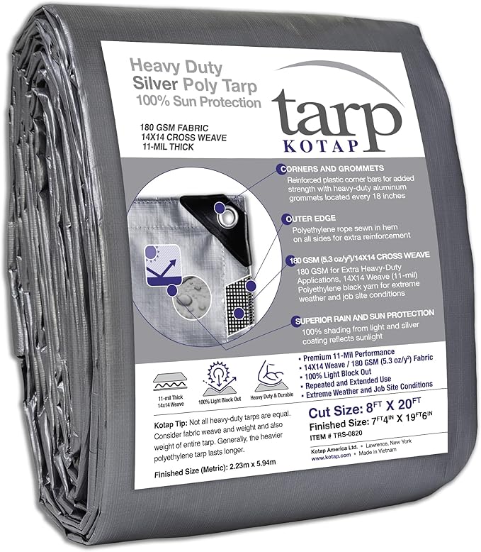 Kotap 8 x 20 Ft. Heavy-Duty Protection/Coverage Tarp, Superior Weave for Greater Longevity, 10-mil Multi-Use, Waterproof, TRS-0820, Silver (1-Pack)