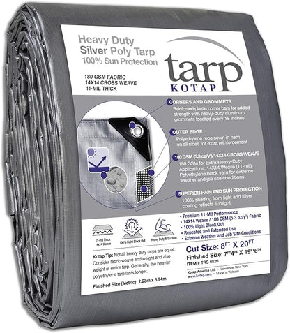 Kotap 8 x 20 Ft. Heavy-Duty Protection/Coverage Tarp, Superior Weave for Greater Longevity, 10-mil Multi-Use, Waterproof, TRS-0820, Silver (1-Pack)