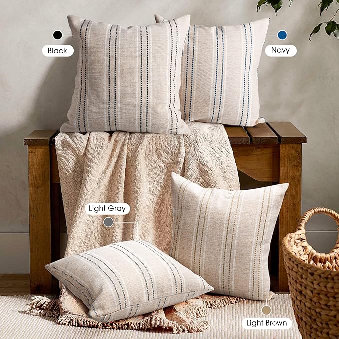 AELS 24x24 Decorative Farmhouse Linen Throw Pillow Covers, Boho Textured Pillow Case, Set of 2, Beige with White & Brown Stitch Yarn Dyed Stripe Cushion Cover for Sofa Couch Living Room (Cover ONLY)