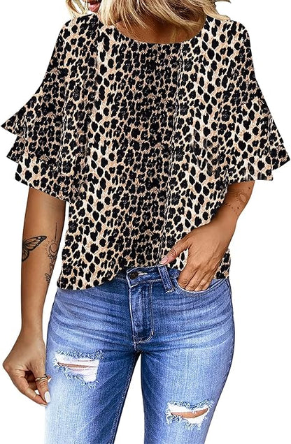 Luvamia Women's Casual 3/4 Tiered Bell Sleeve Crewneck Loose Tops Blouses Shirt