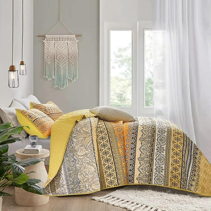 WONGS BEDDING Yellow Orange Bohemian King Quilt, Boho Quilt King Size, Lightweight Microfiber Bed Decor Bedspread for All Season 103"x90"(3 Pieces)