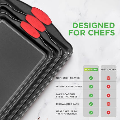 NutriChef 3-Piece Nonstick Kitchen Oven Baking Pans - Premium  Stylish Non-Stick Steel, Commercial Grade Restaurant Quality Metal Bakeware with Red Silicone Handles - Easy to Clean, NCSBS3S