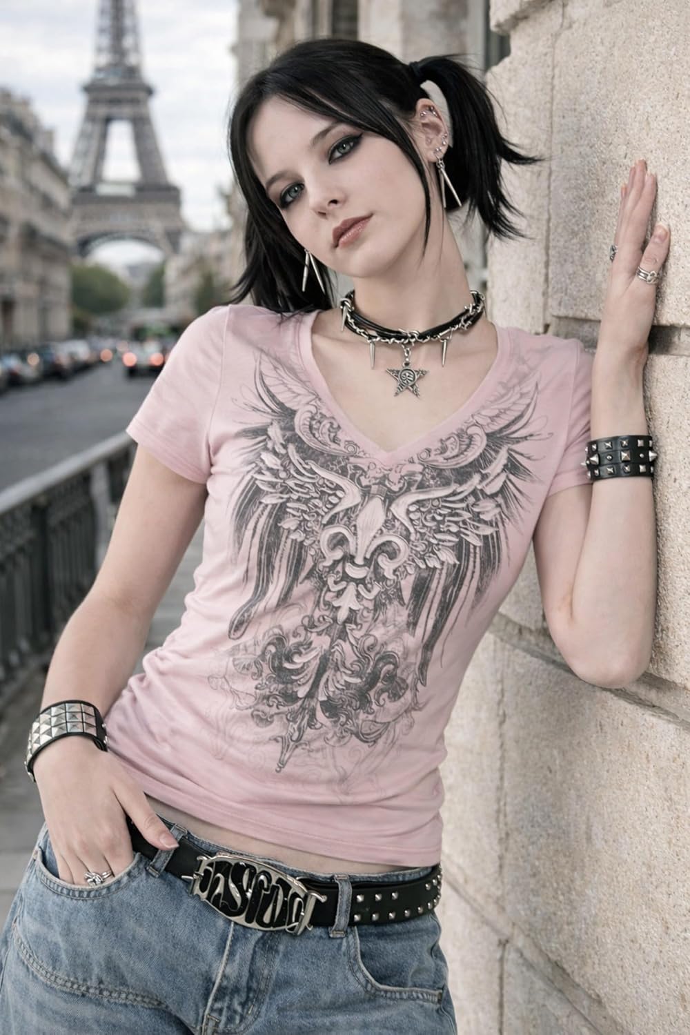 Quzak Womens Emo Shirts Y2k Short Sleeve Tops 2000s Graphic Tees Grunge Alt Clothes Goth Style Shirts Harajuku Tee