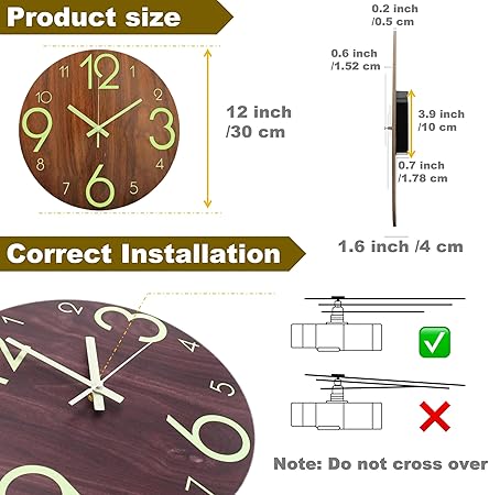 12 inch Luminous Wooden Round Silent Non-Ticking Quartz Wall Clocks, Large Numbers and Hands, Easy to Read Both Day and Night (Large Digital)
