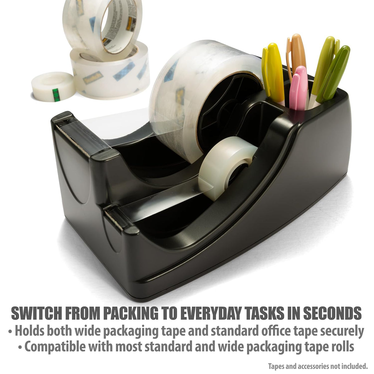 Officemate 2-in-1 Heavy Duty Tape Dispenser - Fits 1 Inch and 3-Inch Cores, Weighted 5.5 lb Base for Stability, Holds Packing and Standard Tape, Storage Compartment for Office Supplies, Black (Teeth on tape cutter is slightly bent)