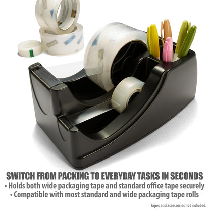 Officemate 2-in-1 Heavy Duty Tape Dispenser - Fits 1 Inch and 3-Inch Cores, Weighted 5.5 lb Base for Stability, Holds Packing and Standard Tape, Storage Compartment for Office Supplies, Black