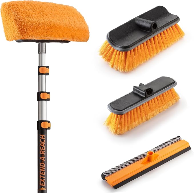 Exterior House Cleaning Brush Set with 4-12 ft Extension Pole // Vinyl Siding Brushes with Telescopic Extendable Pole & Window Cleaning Squeegee Tool // The Ultimate Extension Scrub Brush Set