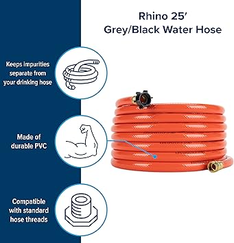 Camco Rhino 25Ft Clean-Out Camper & RV Black Water Hose - Features a Heavy-Duty PVC Design & Bright Orange Color - Clean-Out Camper Black Water, Grey Water or Tote Tanks - 5/8 Inside Diameter (22990)