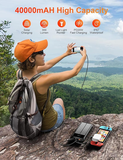 Solar-Power-Bank-Charger, 40000mAh Portable Phone Charger Built in 4 Cables with USB C inOutput, PD 20W Fast Charging External Batter, External Battery Pack with Dual Bright Flashlights