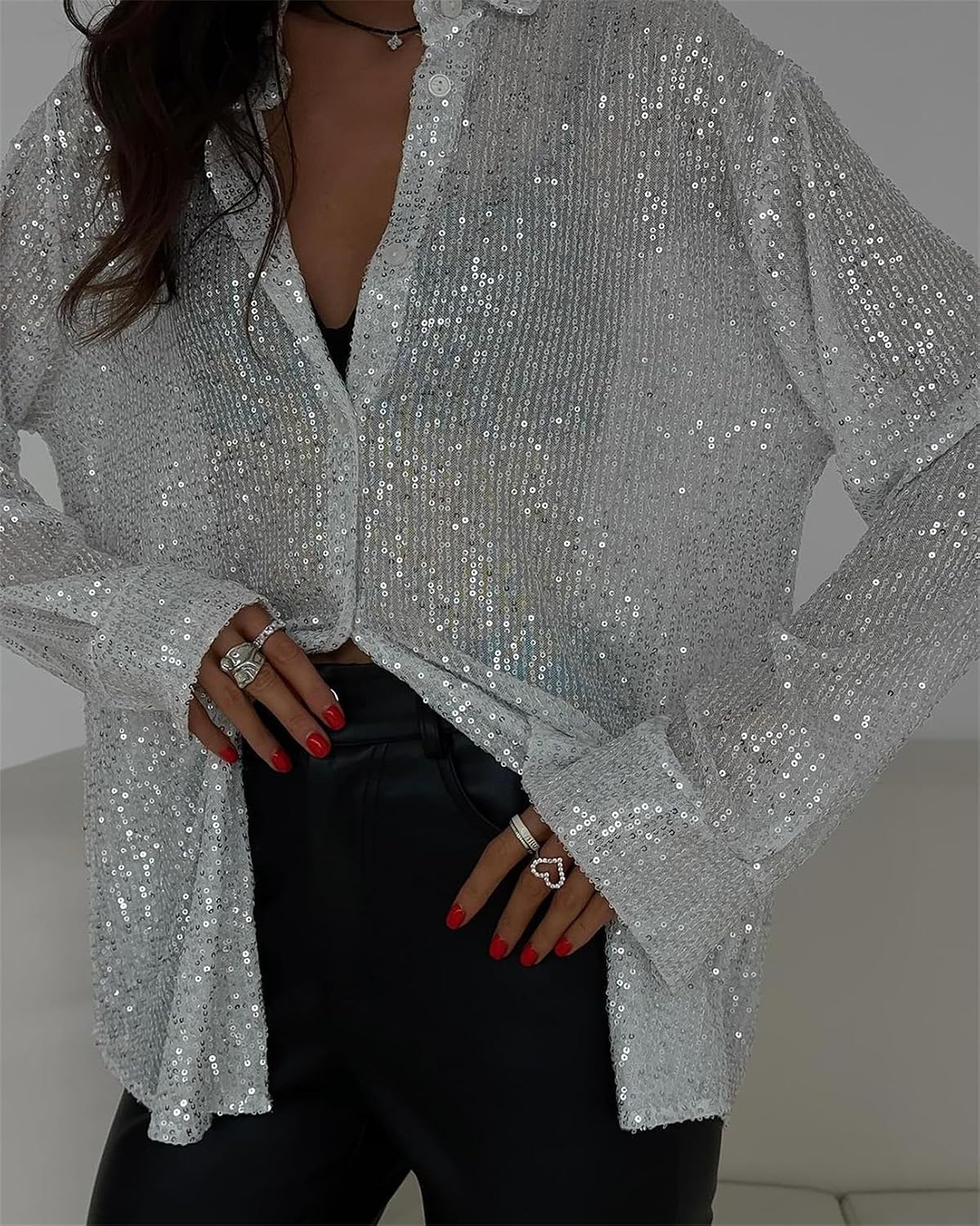 MINTLIMIT Women's Sequin Shirt Open Front Long Sleeve Collared Shirt Loose Blouses Glitter Button Down Shirt Tops