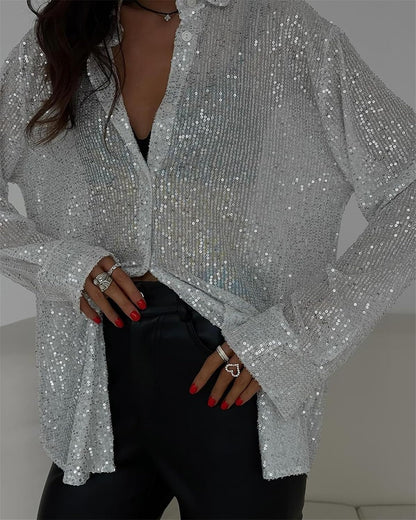MINTLIMIT Women's Sequin Shirt Open Front Long Sleeve Collared Shirt Loose Blouses Glitter Button Down Shirt Tops