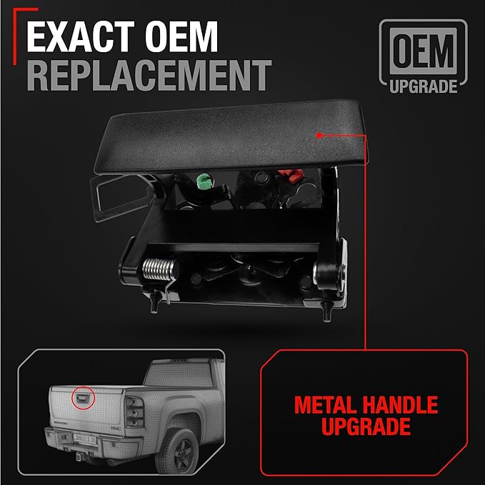 T1A Tailgate Handle Assembly, Upgraded Metal - Compatible with 2007-2015 Chevrolet Silverado; GMC Sierra, Hummer H3T - Textured Black - OEM 20955300, 15140549, 20880357