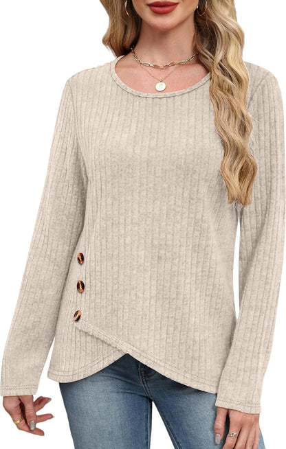 XIEERDUO Tunic Sweaters for Women Long Sleeve Shirts Crew Neck Tops with Buttons Fall Fashion Outfits Winter Clothing