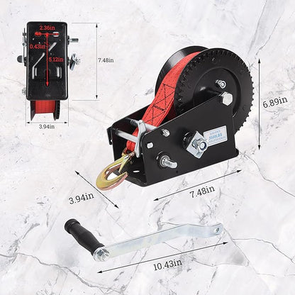 3500lbs Capacity Boat Trailer Winch Heavy Duty Hand Winch with 33ft Polyester Strap,Ratio 4:1/8:1 Gear Crank Strap Gear Winch Two-Way Ratchet with Hook for Boat Trailers ATV RV Truck