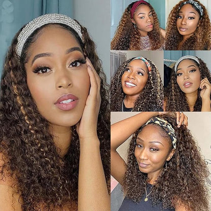 Headband Wig Human Hair Deep Wave 427 Human Hair Headband wigs for women Glueless None Lace Front Wig Machine Made 150 Density headband wig human hair with Headbands (12Inch)