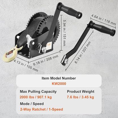 VEVOR Hand Winch, 2000 lbs Pulling Capacity, Boat Trailer Winch Heavy Duty Rope Crank with 23 ft Polyester Strap and Two-Way Ratchet, Manual Operated Hand Crank Winch for Trailer, Boat or ATV Towing