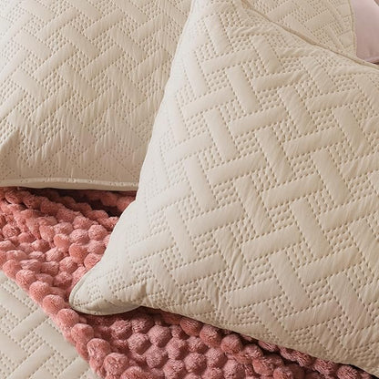 Exclusivo Mezcla Soft Quilt Set Queen Full Size, 3 Pieces Lightweight Quilts Brich Beige Bedspreads Coverlets Bedding Set for All Seasons, Weave Pattern