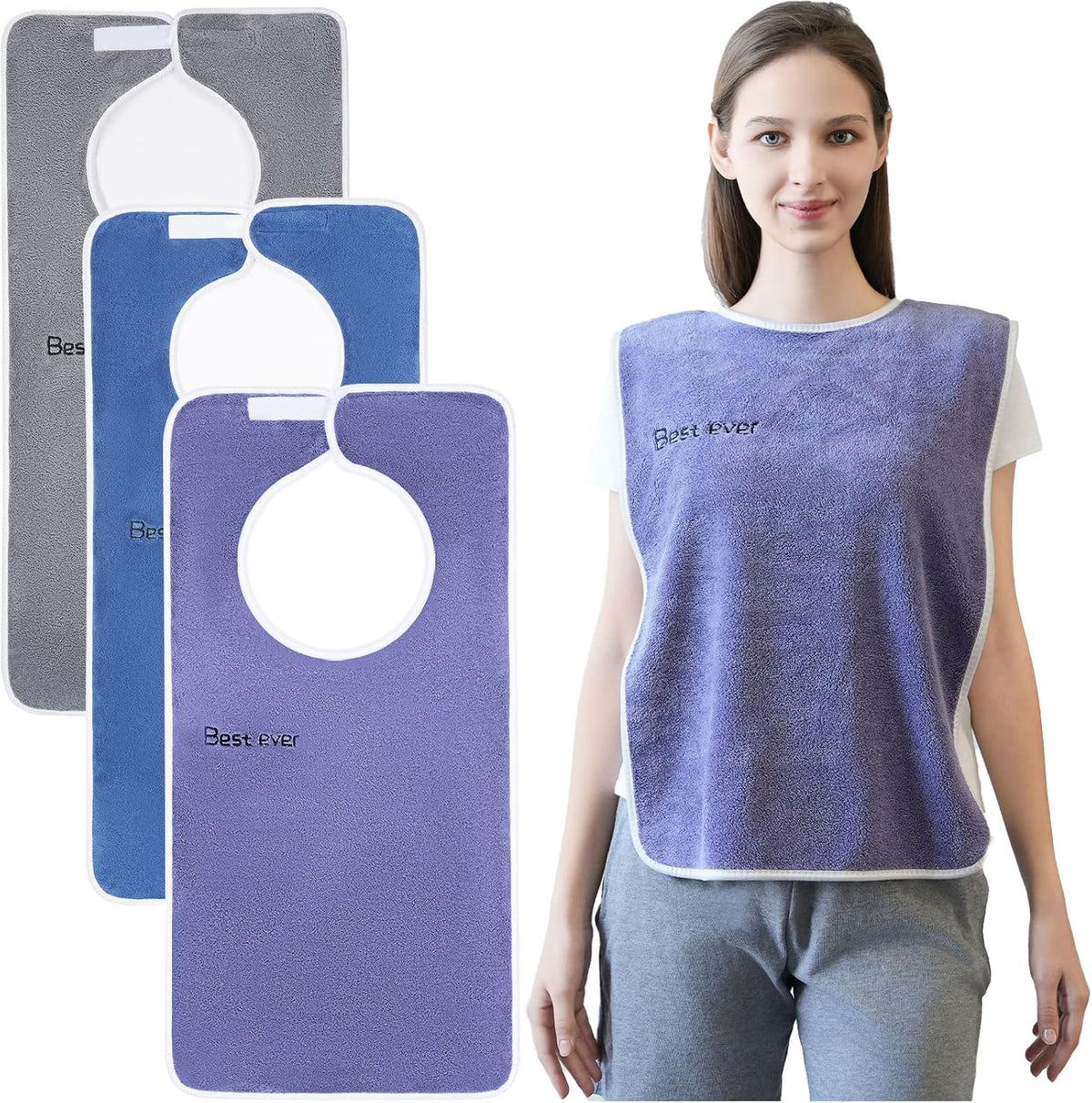 3 Pack Adult Bibs, Microfiber Super Soft Eating Cloth for Adults, Disabled, Adjustable, Dining Clothing Protector