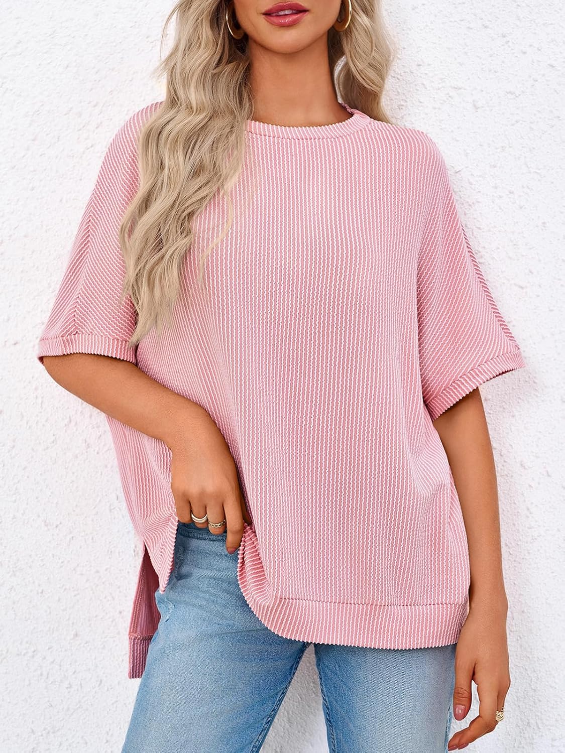 Tankaneo Womens Oversized T Shirts Summer Casual Ribbed Batwing Short Sleeve Tunic Tops Loose Fit Dolman Sleeve Tees