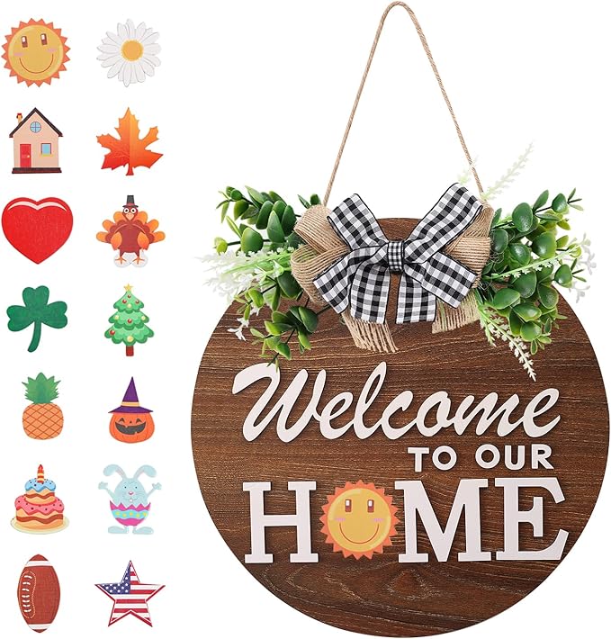 Rustic Round Wood Wreath, Seasonal Sign for Home, Farmhouse Seasonal Wreath