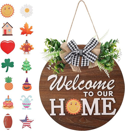 Rustic Round Wood Wreath, Seasonal Sign for Home, Farmhouse Seasonal Wreath