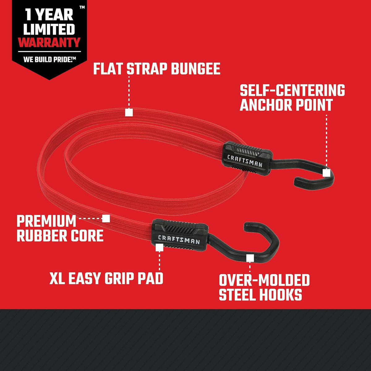 CRAFTSMAN CMXAZBS300048 Black/Red 48" Flat Bungee Cord Straps, 2 Pack