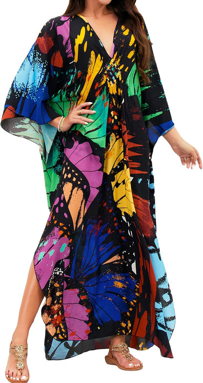 MAKABO Kaftan Dresses for Women V Neck Moo Moos Colorful Print Cover Ups | 100% Viscose Soft Skin Friendly, Breathable, Caftan Beach Dresses for Swimwear, Multi Pattern, Great Party Choice
