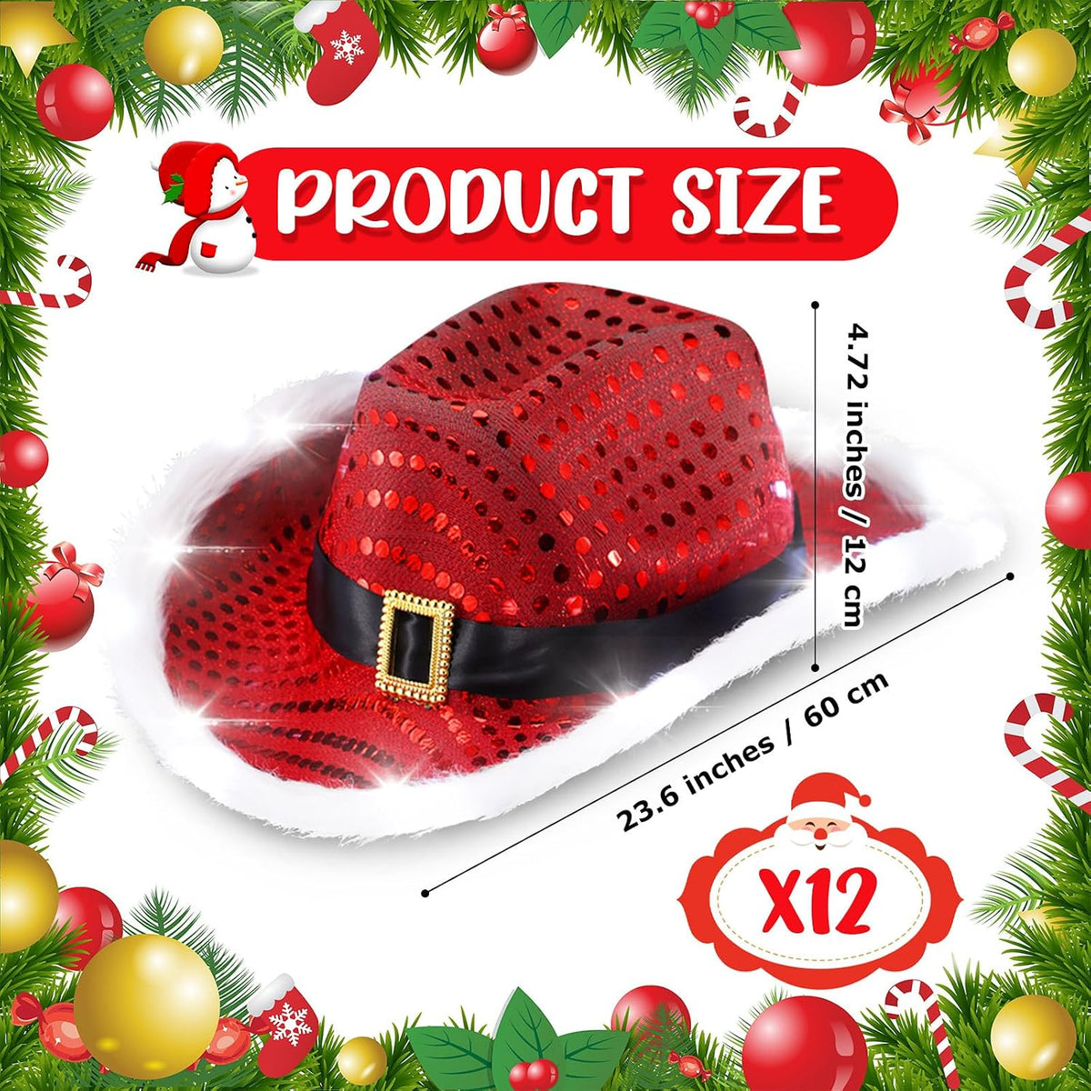 12 Pieces Light Up Santa Claus Cowboy Hats Set, LED Christmas Cowgirl Hat, White and Red Cowboy Hats(White Lights,Sequin Style)