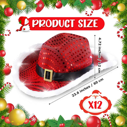12 Pieces Light Up Santa Claus Cowboy Hats Set, LED Christmas Cowgirl Hat, White and Red Cowboy Hats(White Lights,Sequin Style)