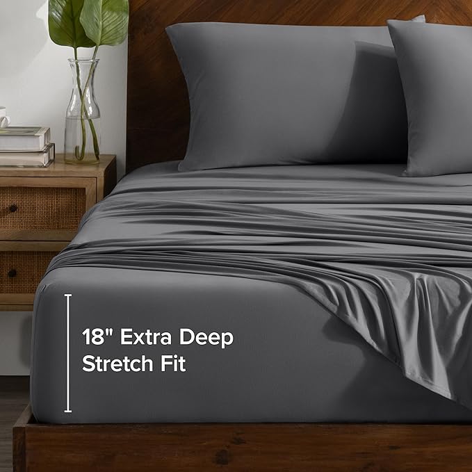 Bare Home Cooling Performance, Moisture-Wicking, Fitted 4-Way Stretch Bed Sheet (Queen, Grey)