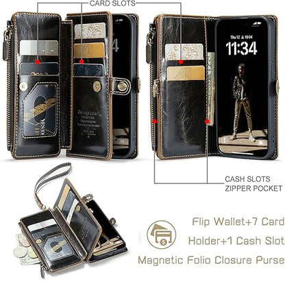 Defencase Compatible with iPhone 15 Case Wallet with RFID Blocking Card Holder for Women and Men, Fashion PU Leather Magnetic Snap Flip Zipper Strap Wallet Phone Case Fit for iPhone 15 6.1", Coffee