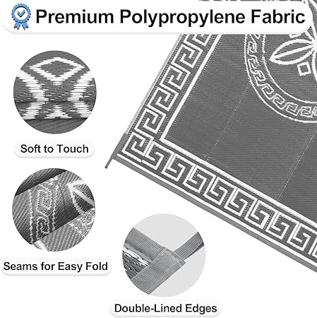 OutdoorLines Outdoor Reversible Rugs for Patio 4x6 ft - Plastic Area Rug, Stain  UV Resistant Portable RV Carpet, Plastic Straw Mats for Porch, Pool Deck and Camping QuatrefoilGray  White