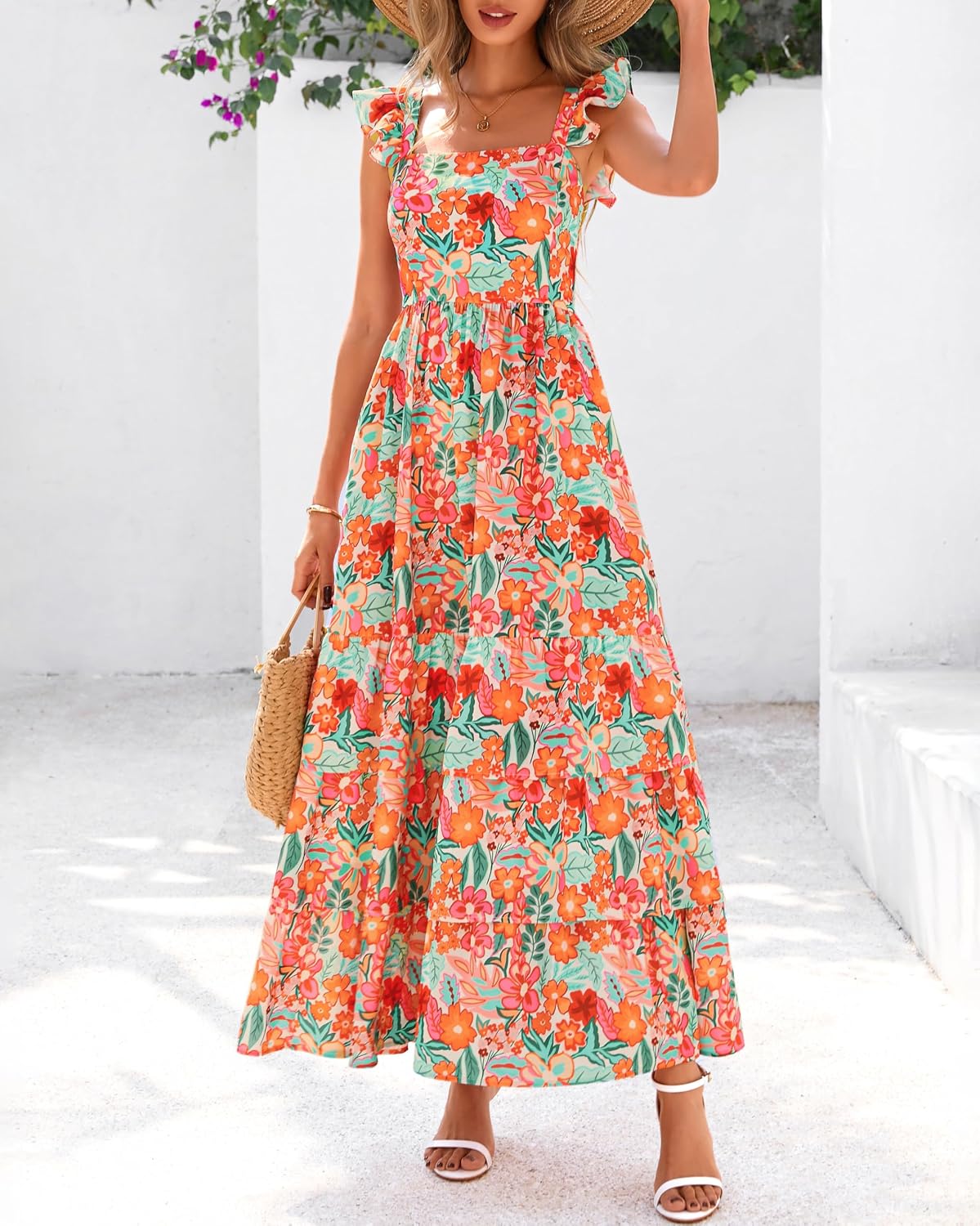 dowerme Summer Dresses for Women 2026 Casual Ruffle Smocked Tiered A-Line Boho Floral Maxi Beach Sun Dress with Pockets