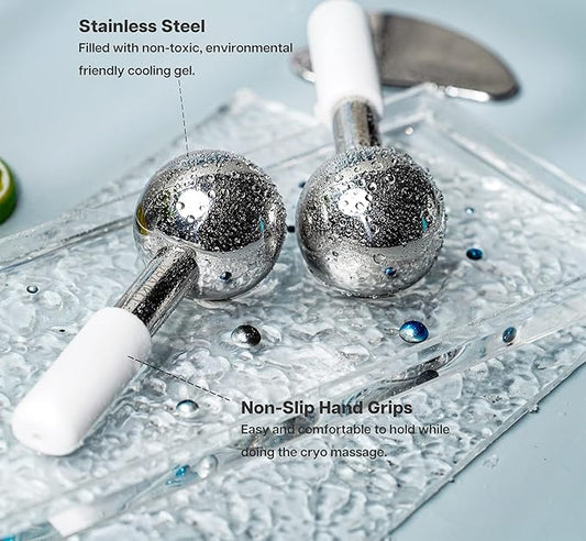 ICE Globes for Facials  Gua Sha Set, Gua Sha Facial Tools and Cryo Sticks with Unbreakable Steel, Face Massager Cooling Rollers for Dark Circles, Puffiness and Lymphatic Drainage (White)