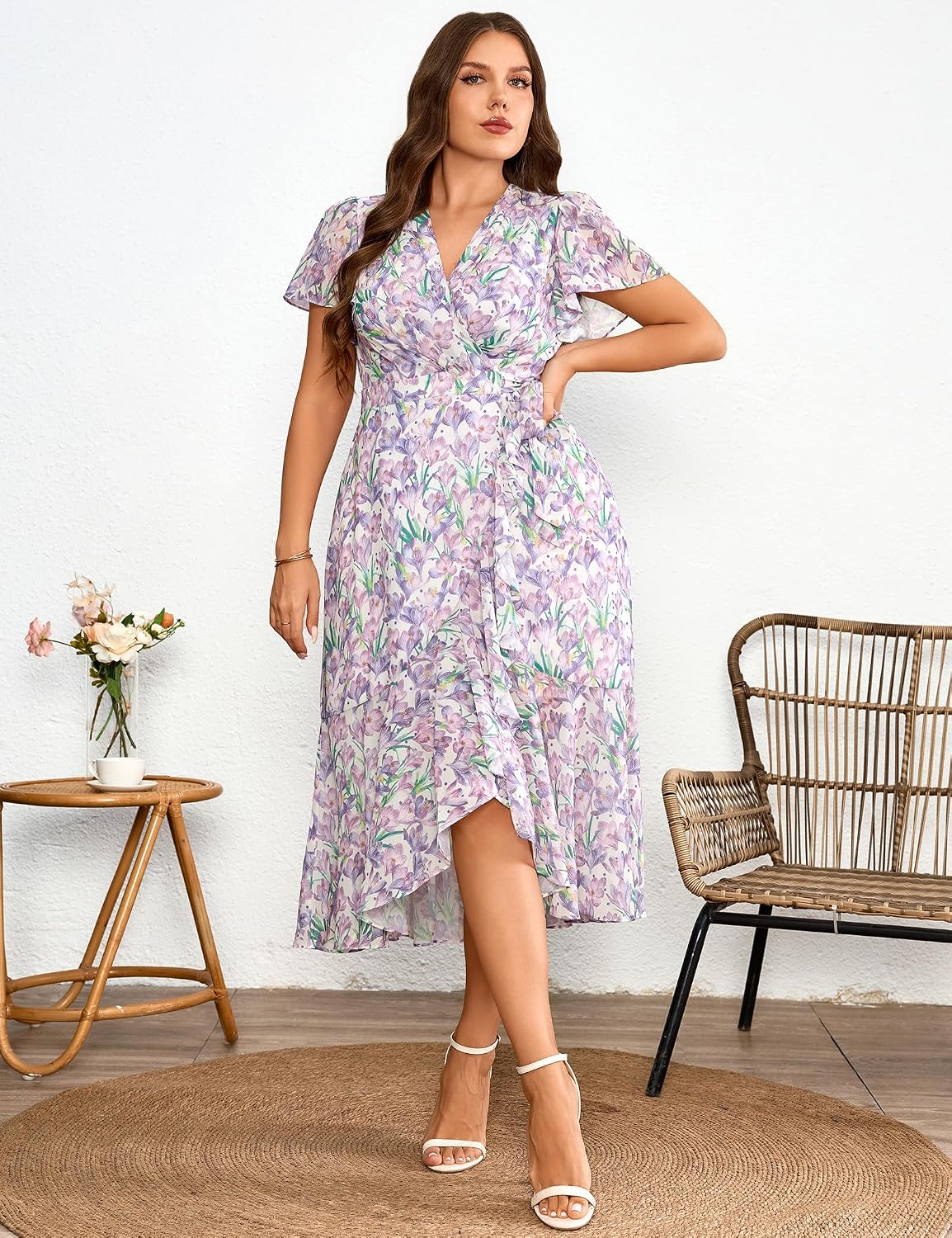 EYWOL Plus Size Wedding Guest Dress for Women, Floral Chiffon Midi Wrap Dress, Flutter Sleeve High Waist Flowy Summer Dresses