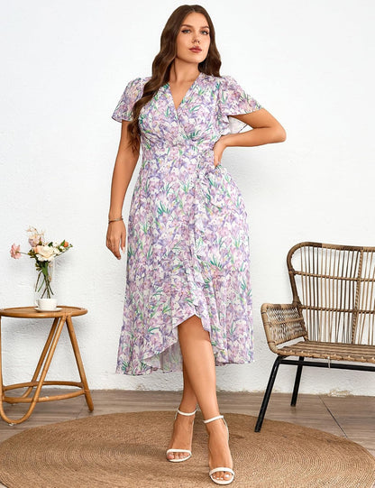 EYWOL Plus Size Wedding Guest Dress for Women, Floral Chiffon Midi Wrap Dress, Flutter Sleeve High Waist Flowy Summer Dresses