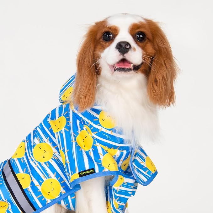 Fitwarm Stirped Sun Dog Raincoat, Waterproof Rain Jacket for Small Dogs Boy Girl, Reflective Puppy Poncho with Harness Hole, Packable, Adjustable, Blue, Yellow, White, S