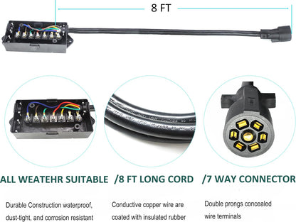 X-Haibei 8 ft 7-Way Trailer Plug Inline Cord with Junction Box
