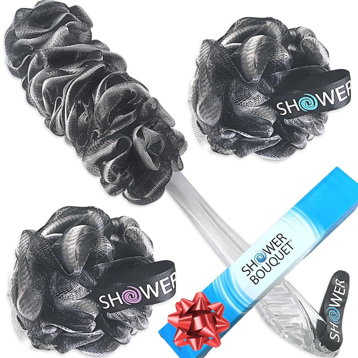 Loofah-Charcoal Back-Scrubber & Bath-Sponge Set // 1 Long-Handle-Back-Brush Plus 2 Extra Large 75g Soft Mesh Loofa-Lufa-Loufa Puff Poufs, Men & Women - Exfoliate with Full Pure Cleanse