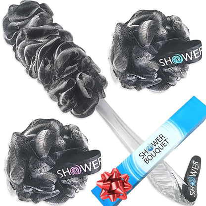 Loofah-Charcoal Back-Scrubber & Bath-Sponge Set // 1 Long-Handle-Back-Brush Plus 2 Extra Large 75g Soft Mesh Loofa-Lufa-Loufa Puff Poufs, Men & Women - Exfoliate with Full Pure Cleanse