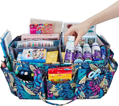 HOMEST Craft Organizer Tote Bag with Multiple Pockets, Storage Art Caddy for Scrapbooking, Crafts Supply Carrier for Tools, Floral