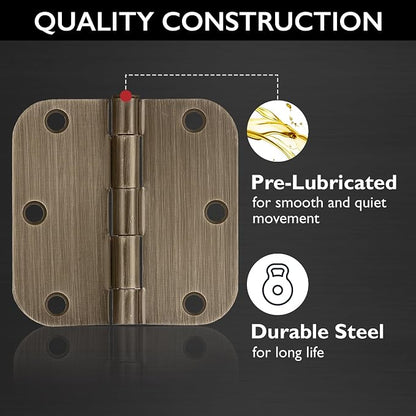 Design House Interior Door Hinges, 3.5 in. x 3.5 in., Rounded, 5/8-in. Radius, Steel, Pre-Lubricated, Door Hardware, Antique Brass, 6-Pack, 189746