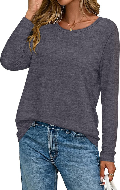 Light Grey Color Women Long Sleeve Shirts Casual Dressy Soft Basic Tee Loose Fit Tunic Tops | Fall Tops, Soft & Breathable, Crew Neck, cotton, School Outfits, Teacher T-shirts, Winter Clothes, Solo or Layered, 2026